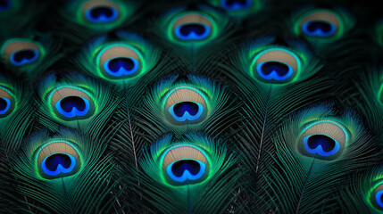 Emerald Elegance: An up-close view of a peacock's iridescent feathers, each intricate eye-spot shimmering with a spectrum of emerald and sapphire hues. Experience the opulence of nature's artistry.