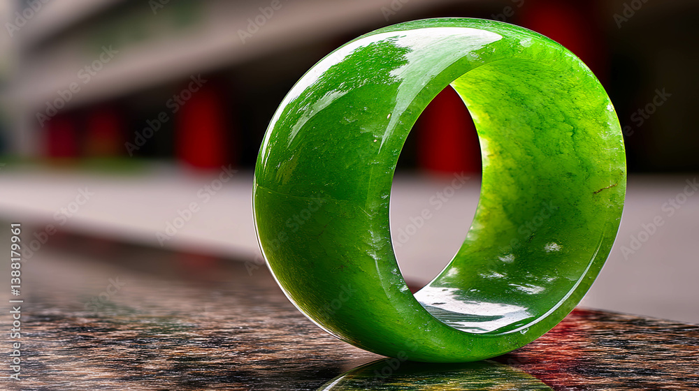 Poster close up of a jade ring reflecting beautifully on a mirror surface with an abstract background