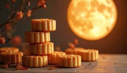 Mid-Autumn Festival moon cakes on wooden table against full moon. Celebrating traditional Chinese holiday. Tasty dessert in festive atmosphere. Chinese culture. Sweet food, lunar feast.