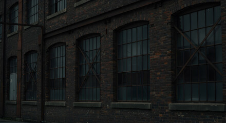 Fototapeta premium Industrial Architecture Exterior of Old Brick Factory with Large Arched Windows