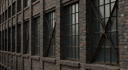 Vintage Factory Windows with Steel Crossbar Details and Brick Wall