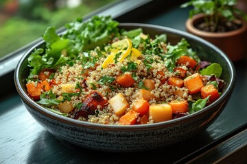 Vibrant Quinoa Salad Utilizing Fresh Vegetables And Herbs, Served In A Rustic Bowl On A Wooden Table, Celebrating Healthy Vegan Lifestyle In Autumn