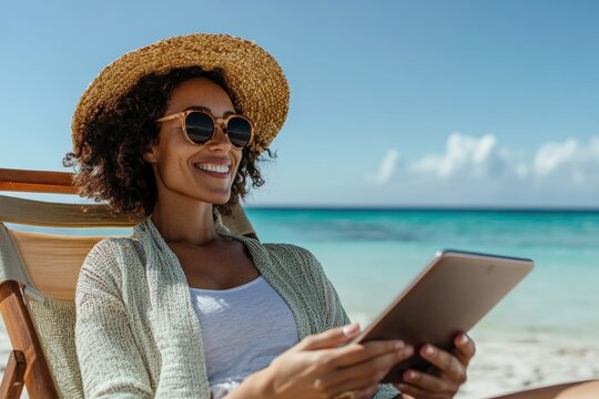 Smiling Black woman wearing a sunhat and sunglasses relaxes on a beach chair while using a tablet. Great for travel, leisure, digital nomad, and summer vacation concepts.