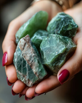 Beautiful nephrite in a textured display held delicately by a persons hands