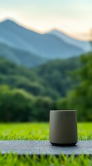 Obraz premium Minimalist gray ceramic cup on picnic blanket against blurred mountain landscape backdrop, green meadow and forest scenery creates serene outdoor atmosphere.