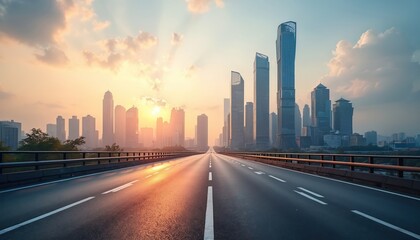 Fototapeta premium Asphalt road leads to modern city skyline with buildings. Sunset colors sky over China metropolis. Urban landscape, road transport, business district.