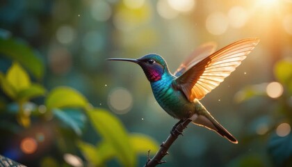 Fototapeta premium Iridescent hummingbird perched, sunlit wings, bokeh background, vibrant plumage.