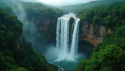 Fototapeta premium Majestic waterfall cascades in rich green forest. Water stream flows over cliff, creates mist. Tropical jungle nature landscape with rocks, vegetation, plants. Fresh natural environment, travel to