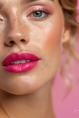 Fototapeta premium Close up portrait of young woman with freckles, bright pink lipstick, natural glowing skin and blue eyes against pink background. Professional makeup artistry.