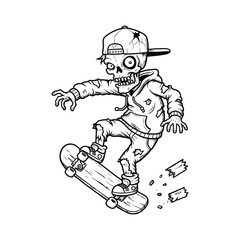 Obraz premium Zombie skateboarder riding skateboard sketch illustration