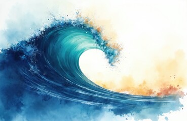 Fototapeta premium Watercolor painting of wave with splash. Blue, turquoise colors. Ocean art nature, water, motion, energy. Surfing illustration design for summer travel concepts. Abstract art with flowing liquid form.