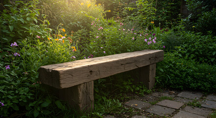 Rustic Wooden Bench Amidst Lush Garden Flowers and Greenery Outdoors