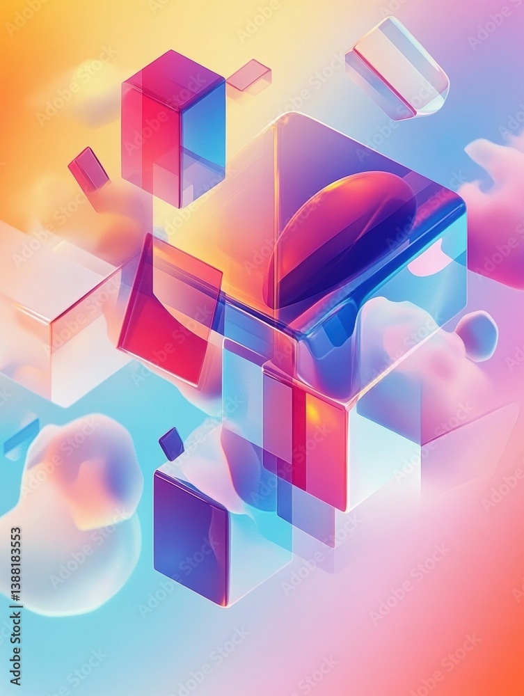 Poster Digital abstract background featuring floating geometric elements reflecting work-from-home themes with soft gradients and futuristic tech vibes