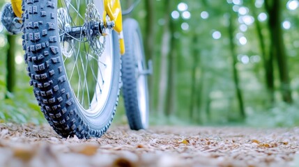 Naklejka premium Mountain bike tire in forest path
