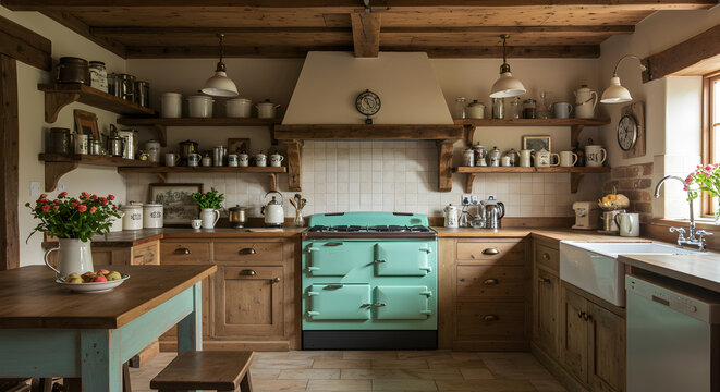 Charming Rustic Kitchen Interior With Open Shelves And Turquoise Range