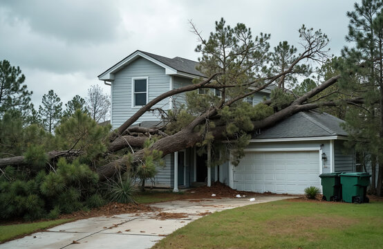 Large tree fell house after hurricane Ian. Destroyed roof blocked entrance garage. Natural disaster aftermath, windstorm damage, property destruction. Home damaged by fallen tree. Emergency,