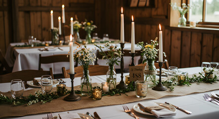 Elegant Rustic Wedding Reception Tablescape With Candle Centerpieces