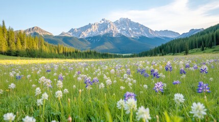 A vibrant wildflower meadow stretches out, dotted with white and purple blooms. A majestic mountain range forms a stunning backdrop under a clear sky. The image is high-resolution, showcasing sharp
