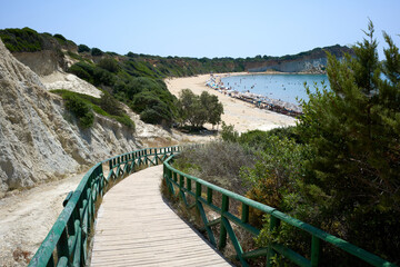 Obraz premium Gerakas Beach, Zakynthos (Zante), Greece - July 4 2023. A calm cove and a fantastic beach with warm, turquoise waters and a nesting site for the protected species of sea turtle Caretta Caretta.