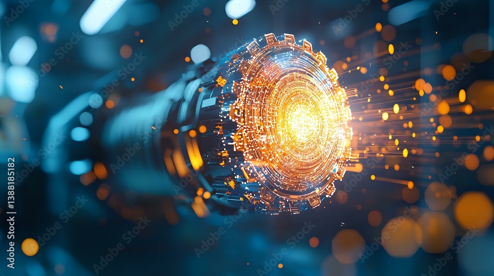 Poster glowing digital portal with orange light rays and particles emerging from futuristic circular gatewa
