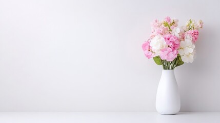 A white vase with pink and white flowers on a minimalist table, elegant floral arrangement against a plain background, and serene home decor concept.