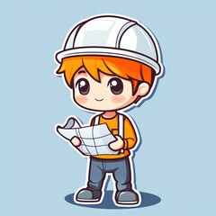Fototapeta premium An adorable cartoon construction worker holding a blueprint smiling