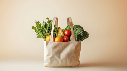 A biodegradable grocery bag with fresh produce, designed with eco-friendly materials and styled against a clean, neutral background.