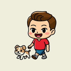 Smiling Boy Walking Puppy - Fun Pet Day Cartoon Character, National Pet Day holiday design vector illustration.