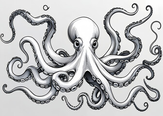 Detailed black and white drawing of an octopus with curling tentacles and large expressive eyes