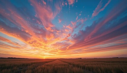 Obraz premium Prairie Sunset: Golden Field Under Radiant Streaking Clouds.