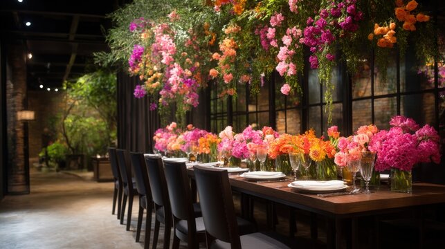 Luxury events gala dinner and elegant decor, A beautifully arranged dining space adorned with colorful flowers, creating a vibrant, inviting atmosphere.