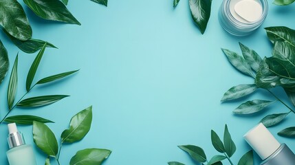 Skincare products and fresh green leaves arranged on a light blue backdrop. Natural beauty and organic wellness concept.