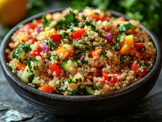 Vibrant Quinoa Salad With Fresh Vegetables In A Rustic Bowl On Slate Stone Surface. Top View On A Healthy Vegetarian Dish For A Seasonal Meal.