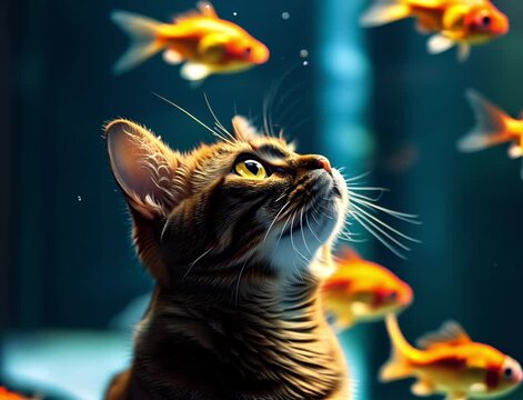Curious cat observing goldfish in aquarium