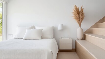 Minimalist bedroom with a neutral color palette.  Natural light streams into the room, highlighting the clean lines of the design.  A simple bed with white linens, a modern nightstand,