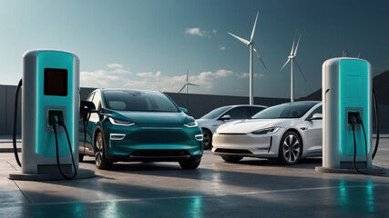 Electric vehicles charging at a modern station surrounded by wind turbines in an eco-friendly setting
