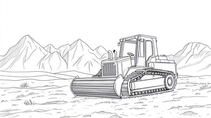 Black and white illustration of a bulldozer in a mountainous landscape.  Possible use Education, technical drawing, or stock photo