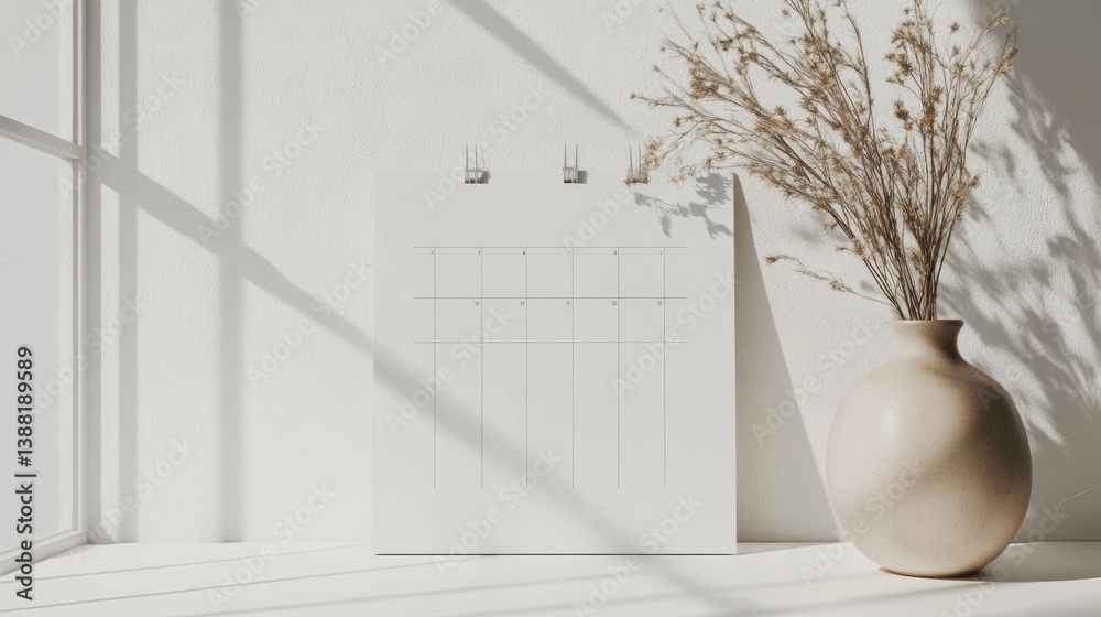 Aufkleber Modern desk calendar with blank grid and neutral tones placed on minimalistic workspace highlighted by soft sunlight