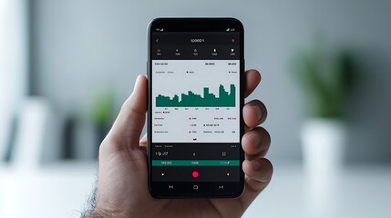 Analyzing Data Trends: Hand Holding Phone Displaying Charts and Financial Information for Modern Business Decisions.