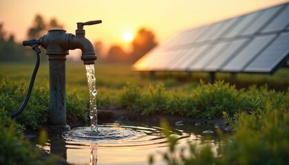 Solar powered water pump at farm. Solar panels used for irrigation system. Renewable energy tech, eco-friendly power source for agriculture. Sustainable solution, environmentally conscious approach.