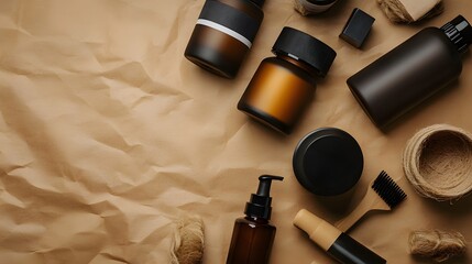 Brown and black grooming products on wrinkled kraft paper with twine. Natural, minimalist self-care flat lay.