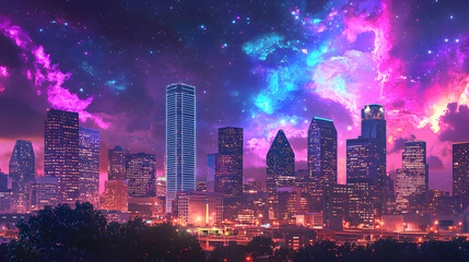 Fototapeta premium Nightscape City Serenity: Skyscrapers gracefully rise against a mesmerizing sky, painted with strokes of violet and cosmic brilliance.
