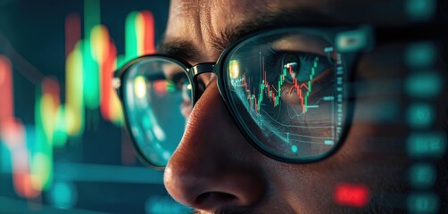 Man looking financial chart reflected in eyeglasses. Trader analyzes stock market or forex currency exchange graph. Business finance trading concept. Online banking technology.