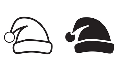 Santa Hat Icon - Outline and Solid Black Winter Hat Side by Side