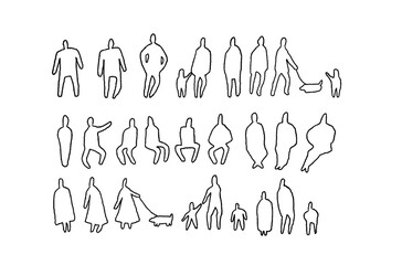 Architectural Drawings, people vector in park out door illustration, Minimal style hand drawn, set elements for architecture and landscape design. Sections, Elevations, Floor Plans.