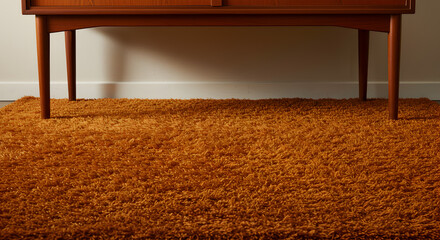 Retro Shag Carpet in Burnt Orange Under a Teak Console Table