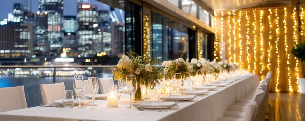 Luxury events gala dinner and elegant decor, A beautifully set dining table with candles and flowers, overlooking a city skyline at night, adorned with twinkling lights.