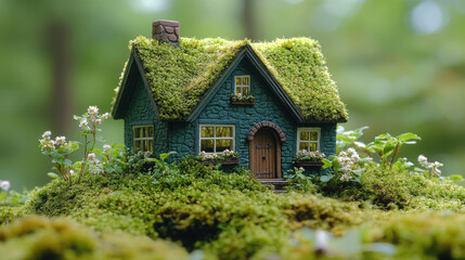 Realistic photography close up miniature green macro house with moss texture on moss surface.