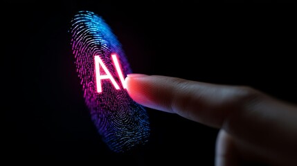 Finger touching digital fingerprint with AI text in neon lights