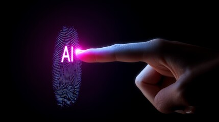Finger touching digital fingerprint with AI text in neon lights